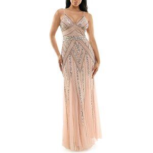 Jump Apparel Gatsby Beaded A-Line Gown Blush Deep V-Neck Spaghetti Straps Lined
